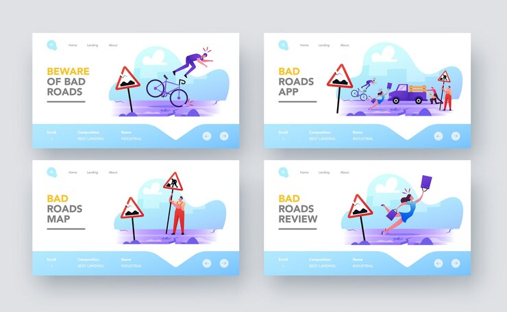 Vector characters on bad road landing page template set. city dwellers get in troubles on broken highway. woman stumble falling down on asphalt, man fall down from bicycle. cartoon people vector illustration
