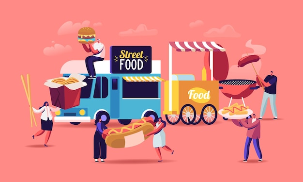 Vector characters buying street food concept. tiny people with huge fastfood burger, hot dog with mustard, wok noodles eating junk grilled meals from food truck and bbq. cartoon people vector illustration