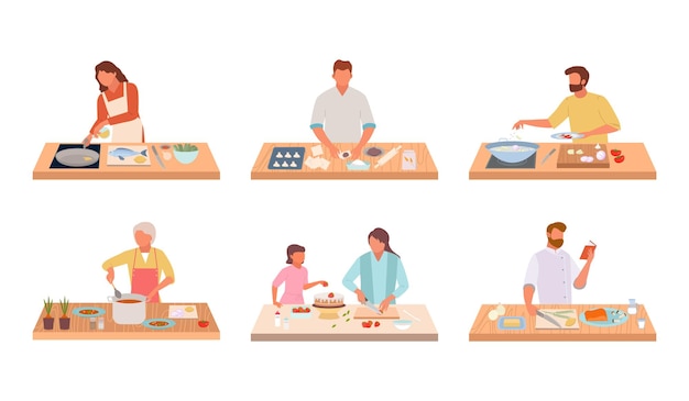 Vector characters cook food set