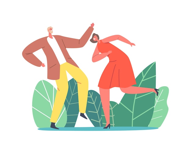 Characters dancing on disco party. man and woman in fashioned clothes celebrating holiday, spending time together moving to music rhythm happy leisure and sparetime. cartoon people vector illustration