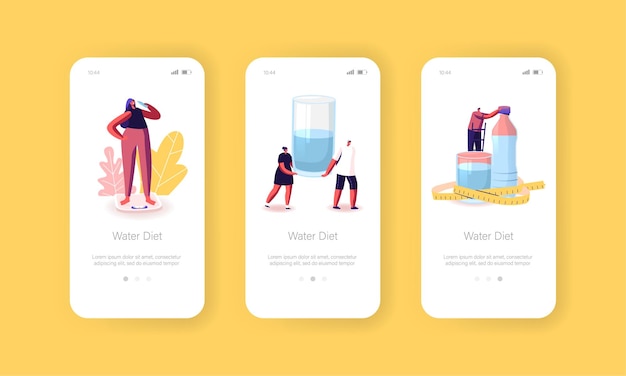 I personaggi bevono acqua durante la dieta pagina dell'app mobile modello di schermo integrato