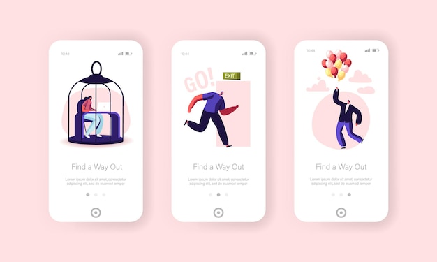 Personaggi fuga dall'isolamento domestico pagina dell'app mobile modello di schermo a bordo