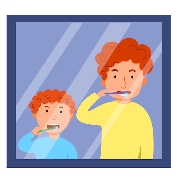 Characters for fatheres day father and son brush their teeth together in front of the mirror