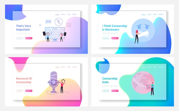 Characters fighting with censorship landing page template set.