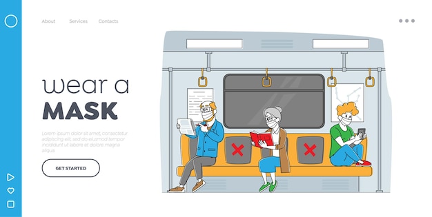 Characters going by subway during covid landing page template