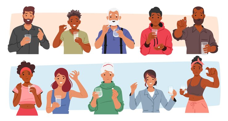 Vector characters grasping pills expressions reflecting hope or concern concept of health treatment and complex relationship humans have with pharmaceutical solutions cartoon people vector illustration
