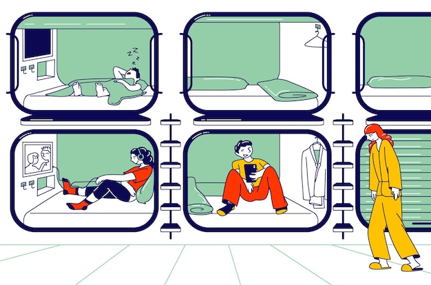 Characters having rest in capsule hotel. people sleeping, relax and have recreation in compact room with television and sleepbox, economy accommodation for travelers. linear vector illustration