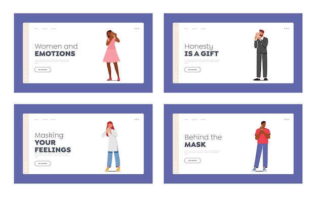 Characters Hiding Faces Behind Social Masks Landing Page Template Set With Fake Positive Emotions Sad Men and Women