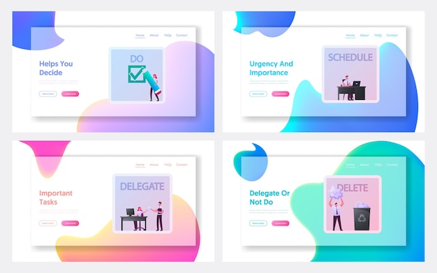 Vector characters at huge eisenhower matrix landing page template set.