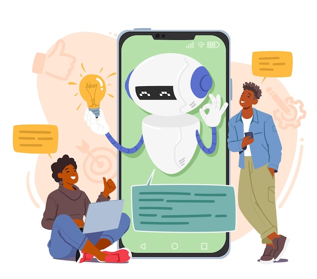 Вектор Персонажи взаимодействуют с сервисами чат-ботов через смартфон, получая мгновенные ответы на свои запросы