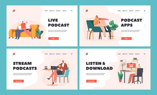 characters listen podcast landing page template set people listening to audio programs in headphones use app on smartphone for podcasting and radio broadcasting cartoon vector illustration