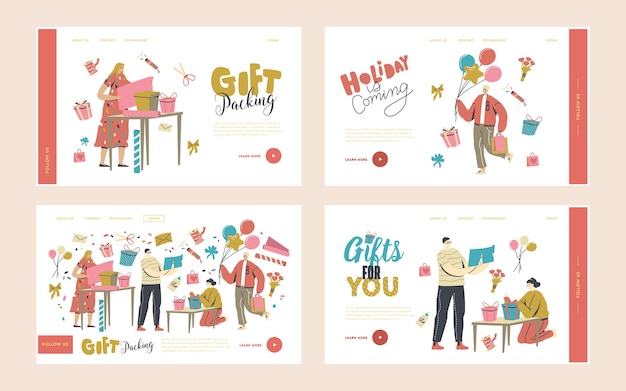 Characters making and packing gift for holidays celebration landing page template set. congratulations to friends or family for birthday, valentines or anniversary. linear people vector illustration