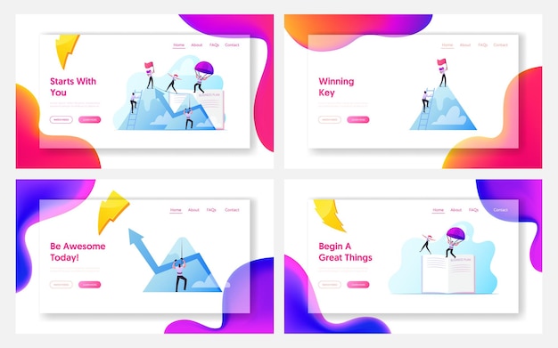 Characters new heights, team work landing page template set.