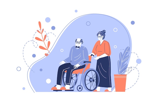 老夫婦のキャラクター。祖母は車椅子で年配の祖父の世話をします。高齢者を助ける。年金受給者の世話をします。フラットスタイルのベクトル図