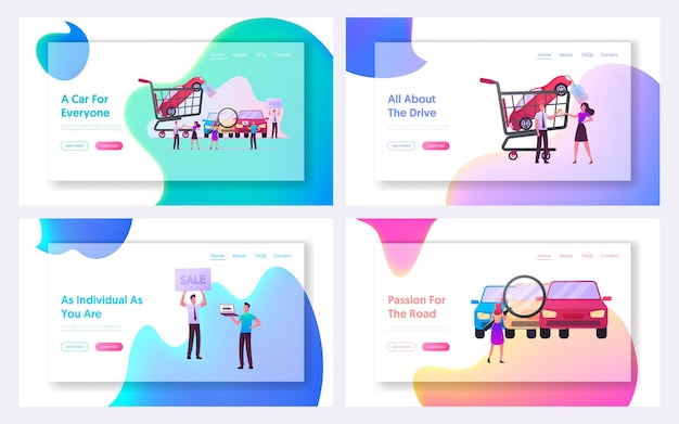 車の市場の着陸ページテンプレートセットの文字。自動車を選んで購入する