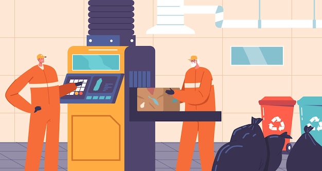 Vector characters operate garbage processing machines to sort recycle and manage waste efficiently contributing to environmental sustainability and waste reduction cartoon people vector illustration