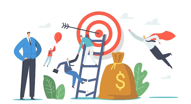 Vector characters overcome obstacles in business. businessmen climbing on broken ladder to reach target, fly on balloon. leadership, colleague chase, successful leader. cartoon people vector illustration