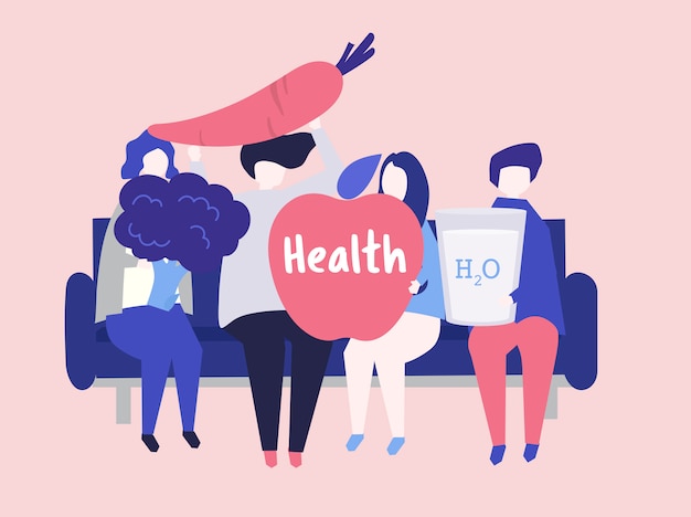 Characters of people holding health icons illustration