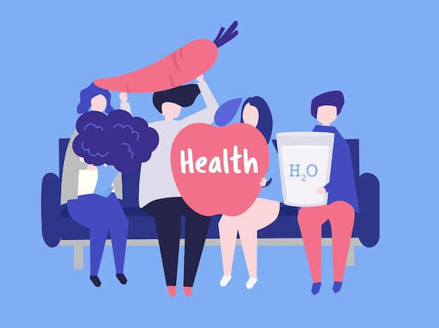 Characters of people holding health icons illustration