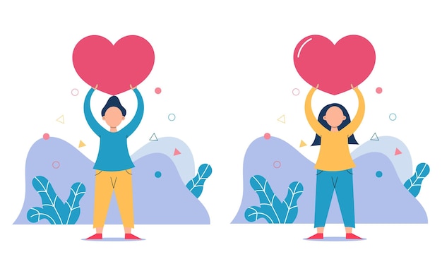 Caratteri delle persone che tengono l'illustrazione di forme del cuore