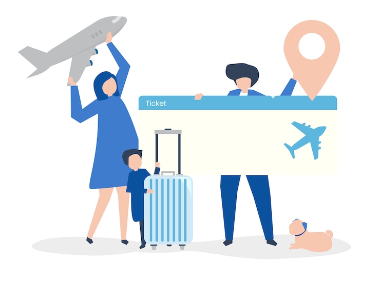Vector characters of people holding travel icons illustration