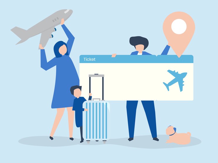 Vector characters of people holding travel icons illustration