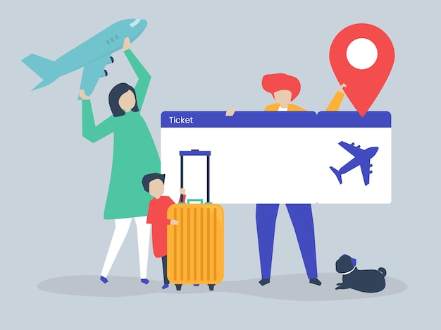 Vector characters of people holding travel icons illustration