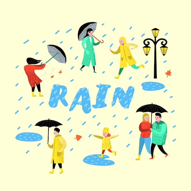 雨の中を歩くキャラクター