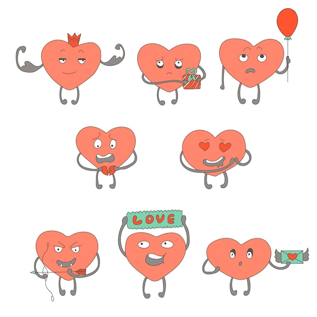 Characters pink hearts form stickers different emotions face