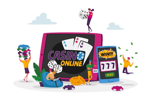 Vettore i personaggi che giocano a giochi d'azzardo nei casinò online vincono il premio in denaro jackpot su slot machine virtuali e poker.