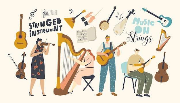 Characters playing music, musicians with stringed instruments performing on stage with violin, harp, guitar or balalaika, artist orchestra concert, folk performance. cartoon people vector illustration