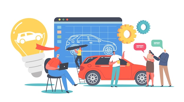 Characters prototyping car concept. engineer designer perform automobile prototype project, machinery industrial projecting industry, customers buying new auto. cartoon people vector illustration