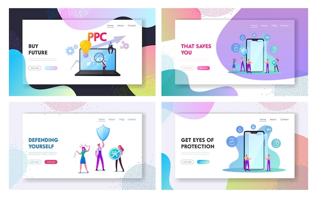 Characters Put Smartphone Screen Protector Landing Page Template Set.