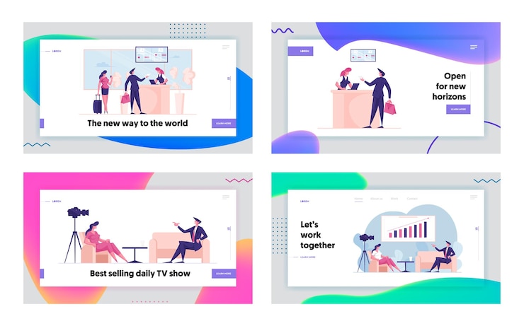 Vector characters registration in airport live news or program broadcasting landing page