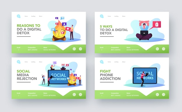 Characters rejection of gadgets landing page template set. internet and social networks digital deto. people refuse phone and online addiction, spending free time offline. cartoon vector illustration