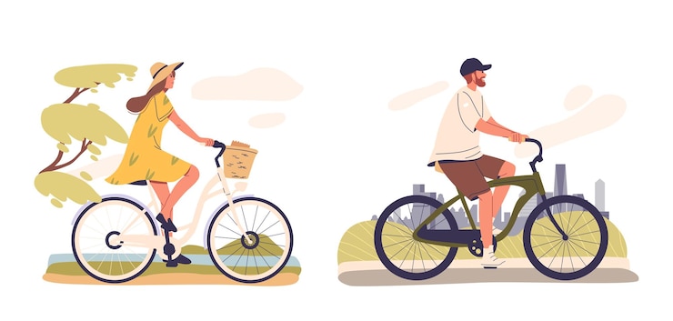 Vector アウトドアの設定で自転車に乗っているキャラクターのベクトルシーンがゆっくりとした囲気を捉えています