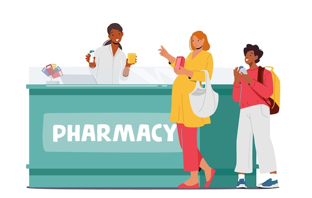 Characters shopping in pharmacy store people purchase drugs and paying on counter desk customers buying medications and vitamin packs healthcare concept cartoon vector illustration