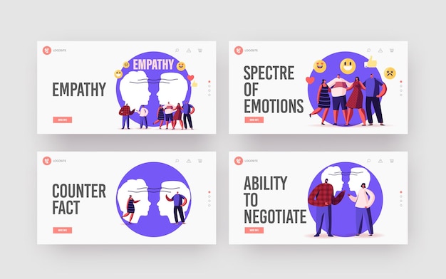 Characters Show Empathy Landing Page Template Set. Emotional Intelligence, Communication Skills, Reasoning and Persuasion, People Listen and Support Each Other, Open Mind. Cartoon Vector Illustration