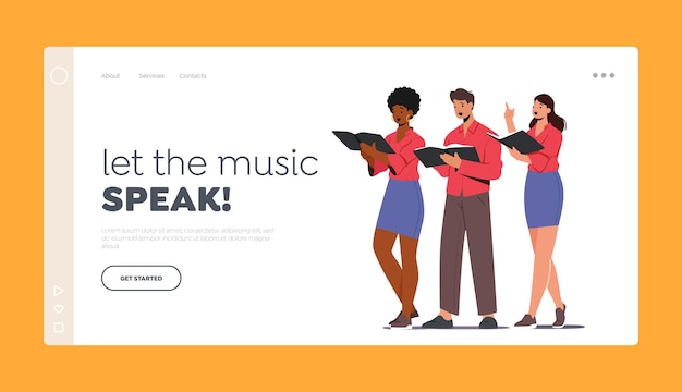 Vector characters singing in chorus landing page template. singers choir amusement event. young men and women with singing books perform musical composition on scene. cartoon people vector illustration
