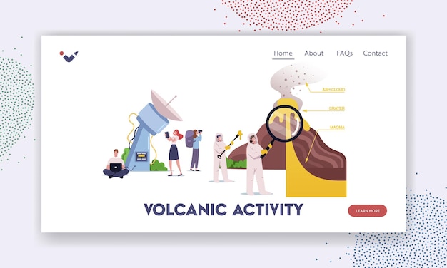 Персонажи, изучающие шаблон целевой страницы извержения вулкана. Ученые стоят у поперечного сечения вулкана, извергая лаву и газ в атмосферу с названиями частей. Мультфильм люди векторные иллюстрации