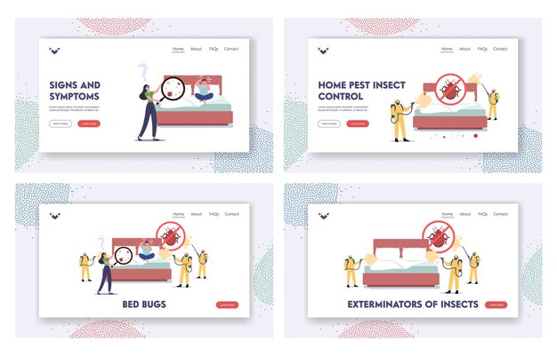 Characters suffer of bed bugs landing page template set. professional pest control service exterminators in hazmat suits spraying toxic liquid for disinsection room. cartoon people vector illustration