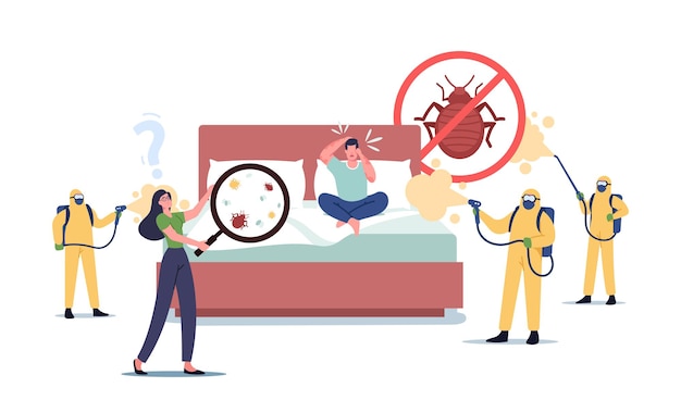 Vector characters suffering of bed bugs attack, call to professional pest control service. exterminators in hazmat suits spraying toxic liquid for disinsection room. cartoon people vector illustration