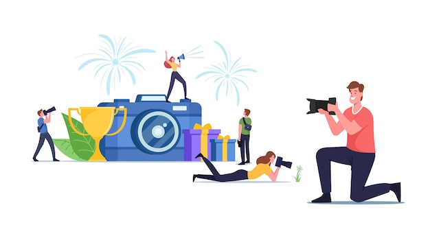 Characters Take Part in Photography Competition, Photo Contest Concept. Tournament of Professionals or Amateurs. Tiny Photographers Shoot with Camera at Huge Cup. Cartoon People Vector Illustration