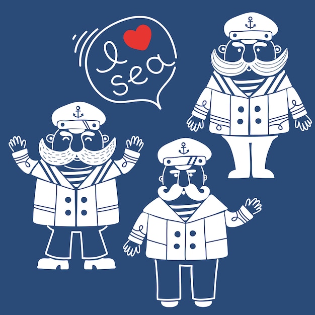 Vector characters three captain sailors.