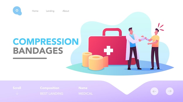 Characters in Traumatological Department Landing Page Template. Medical Assistant, Nurse or Doctor Traumatologist Applying Bandage Onto Male Patient Hand in Clinic. Cartoon People Vector Illustration
