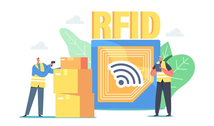 Vector characters use modern barcode scanner read box on storage. contemporary rfid business technology for warehouse with radio waves. electronic device for shipping. cartoon people vector illustration
