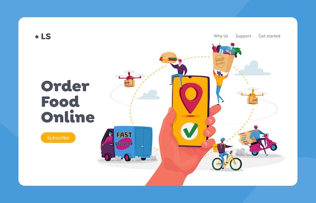 Vector characters use online food delivery service landing page template. hand with smartphone and app for delivering parcels to consumers