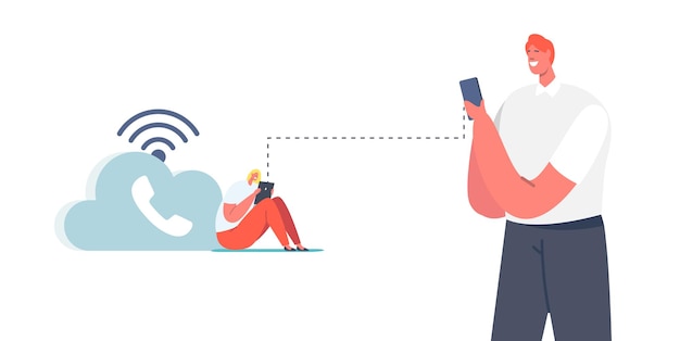 문자는 Wi-fi 무선 전화 연결을 사용합니다. Voip, Voip 기술 개념을 통한 음성. 통신 시스템, 클라우드 또는 네트워크를 통한 전화 통신. 만화 사람들 벡터 일러스트 레이 션