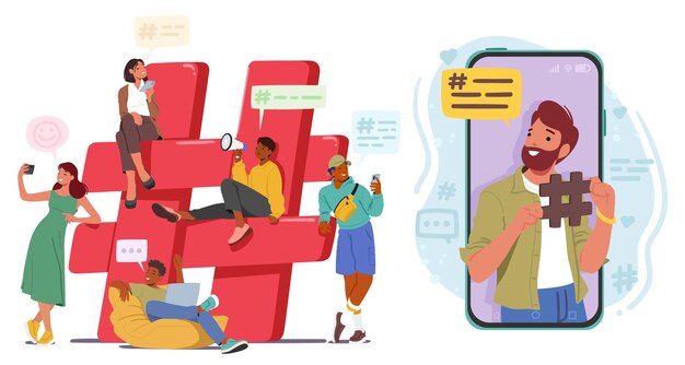 Characters Using Hashtags To Connect With Others And Categorize Their Content On Social Media Platform Illustration