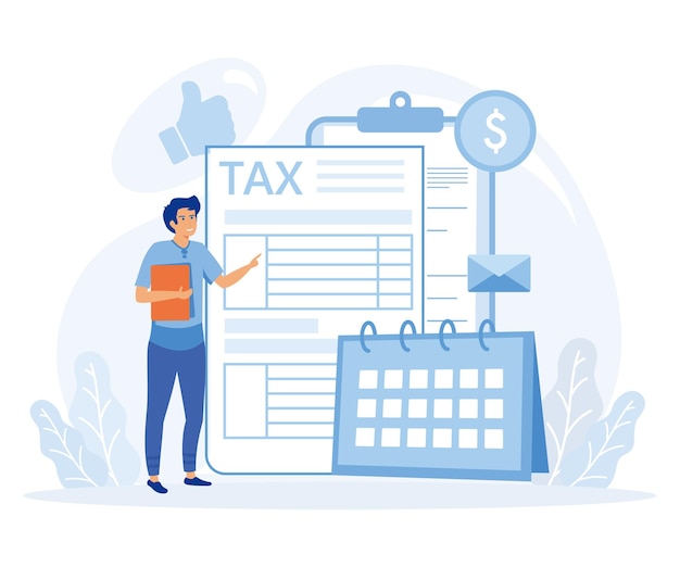 Characters using tax calendar to filling tax declaration form online and with financial advice